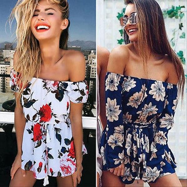 

2018 fashion women summer clubwear floral off shoulder beach playsuit party jumpsuit romper short trousers, Black;white