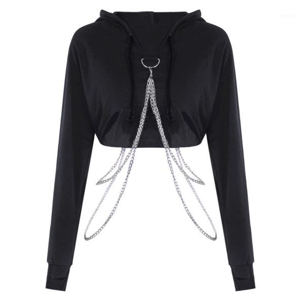 

crop hoodie hooded sweatshirt women loose long sleeve chain patchwork pullover black streetwear hoodies sudadera mujer1