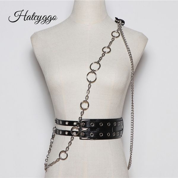 

leather harness for women punk harajuku waist belt with chain ladies black suspender belts body bondage lingerie strap t200427, Black;brown