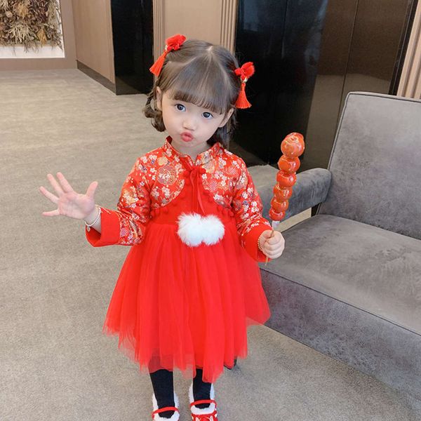

children's huzhou zhili girls' year's clothing hanfu 2020 new winter tang veet drs, Red;yellow