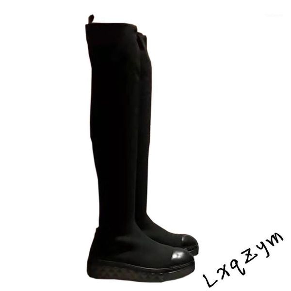 

boots thick flat bottom knitting long riding luxury handmade elastic slim tube women knee high shoes 35-401, Black
