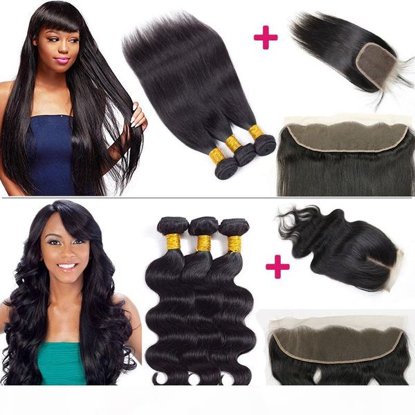 

brazilian body wave straight human hair weave bundles with lace weaves closure peruvian malaysian indian body wave bundle with lace frontal, Black
