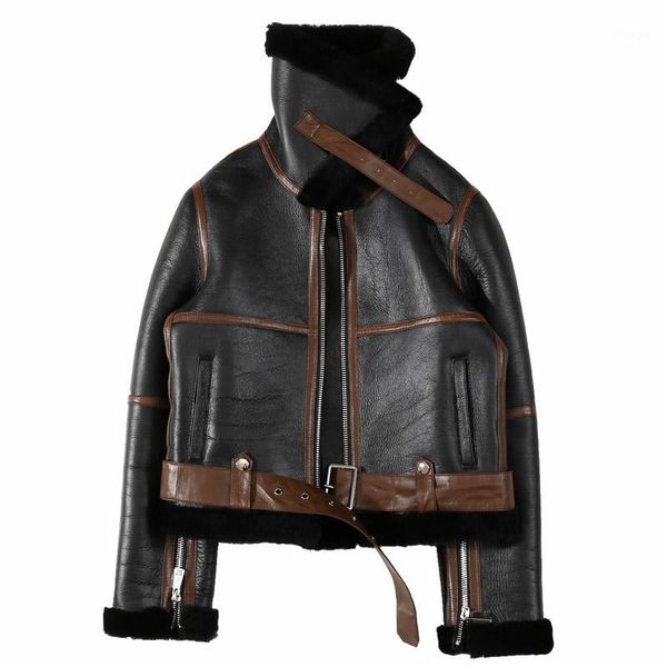 

genuine leather 2020 spring new wool short fur stitching retro fur collar coat female sheep leather motorcycle1, Black
