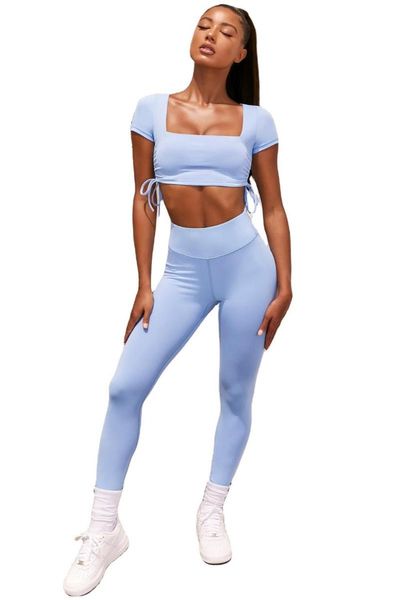 

solid sportswear drawstring йога набор сексуальный тренажерный зал фитнес трексуита с коротким рукавом уровень топ пантолон костюм на открыт, White;red