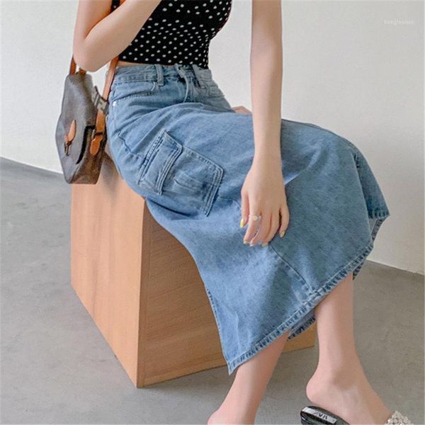 

hzirip slim slender a-line cowboy pockets split skirts 2020 all match stylish elegance chic women denim skirts1, Black