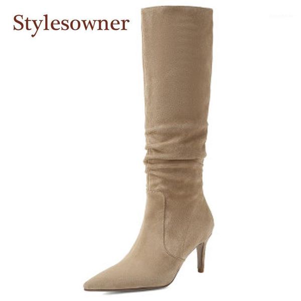 

boots pointed toe thin heel apricot black plus velvet long-tube woman cow suede high western 2021 arrival1