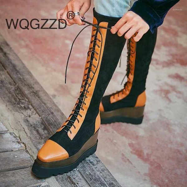 

shoes women's high boots cow leather mixed color flock lace up keep warm thick bottom high heels stretch thigh boots1, Black