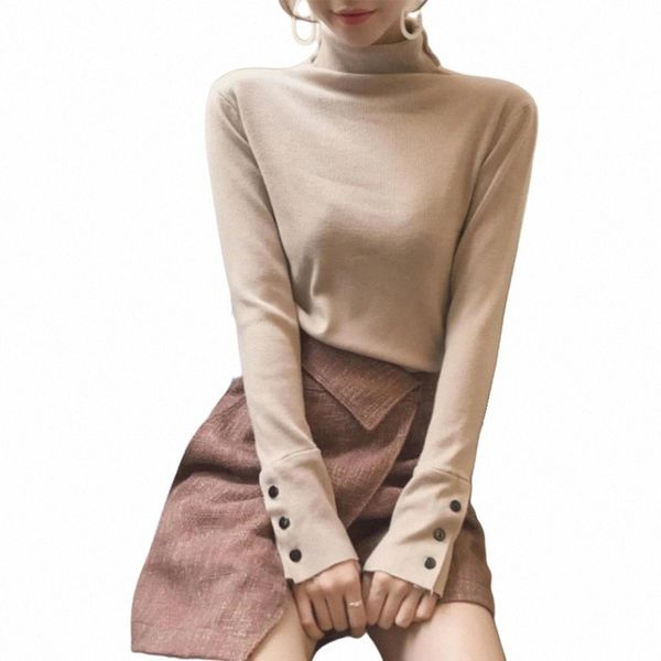 

6 Colors Autumn Women Long Sleeve Turtle Neck Buttons Cuff Knitwear Pullover Slim Blouse Base Bottoming office Shirts for women #zo1n, White