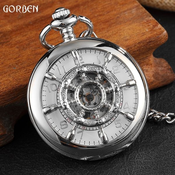 

retro silver rudder hollow design mechanical hand-wind pocket watch unique double-sided opening skeleton fob pocket watch chain t200502, Slivery;golden