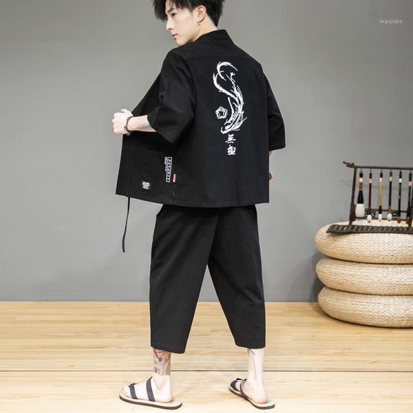 

japanese traditional kimono yukata summer pants two piece seven-point coat men japan print shorts cardigan harajuku clothes sets1, Gray