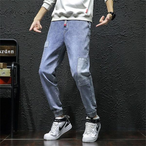 

men's jeans 2021 four seasons mid-waist harem loose tether casual pants, Blue