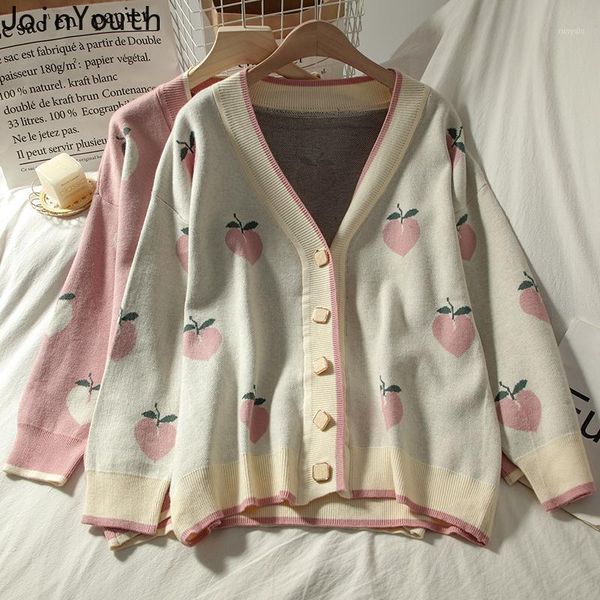 

joinyouth sweet peach print sweater korean knitwear cropped cardigan v-neck long sleeve weater loose sueter ropa mujer 7a8991, White