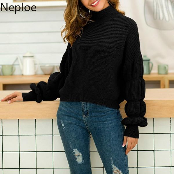 

neploe hlaf high neck puff long sleeve pullover sweater women autumn winter thicked warm bottom pull femme knit jumper sueter1, White;black