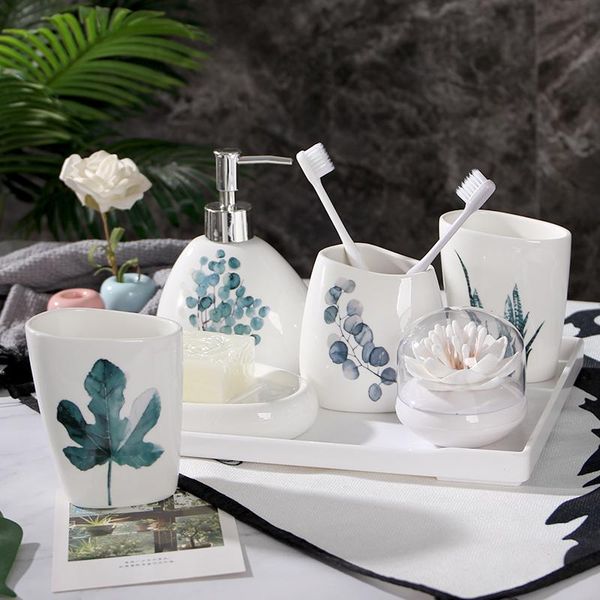 

bath accessory set five-piece bathroom accessories set-nordic green plants ceramic wash kit- six piece set,wedding set-home decor-soap dispe