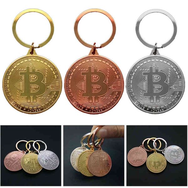 

gold plated bitcoin key chain money souvenir home decoration keyring pendant collectible coin art collection, Slivery;golden