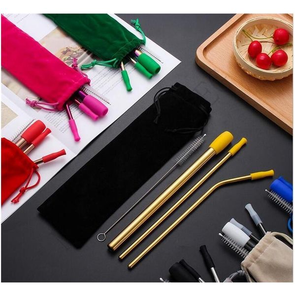 

8pcs/lot reusable drinking straw set straight bent straw with silicone tip cover cleaning brush metal smoothies drinking straws 66wry