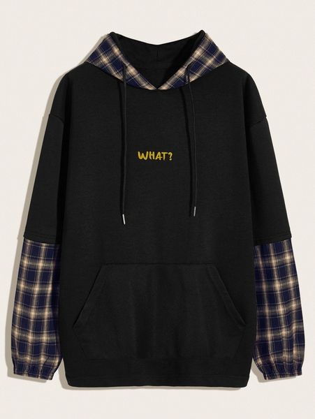 

men tartan & letter graphic drawstring hoodie m5ic#, Black