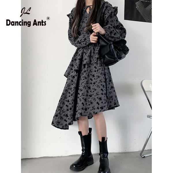 

casual dresses woman dress v-neck print long puff sleeve ruffles high waist irregular holiday elegant vestidos womwn clothes, Black;gray