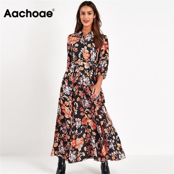

aachoae floral print long maxi dress women casual turn down collar shirt dress three quarter sleeve bohemian sashes dresses lj200818, Black;pink
