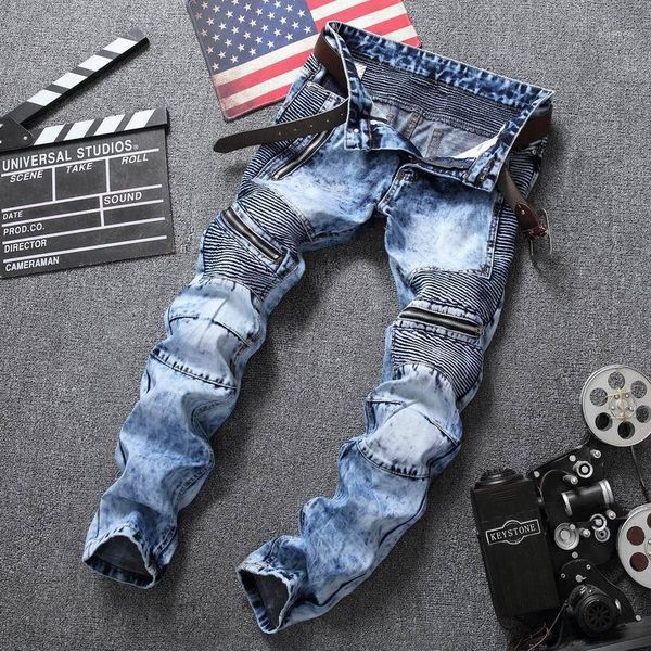 

new men jeans denim european and american straight fold zipper motorcycle snowflake jeans plus size dropship1, Blue