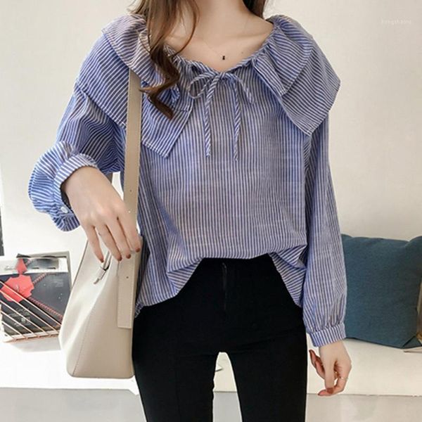 

fashion striped bow blouse plus size casual spring winter lady loose v-neck female women long sleeve shirt blusas pullover1, White