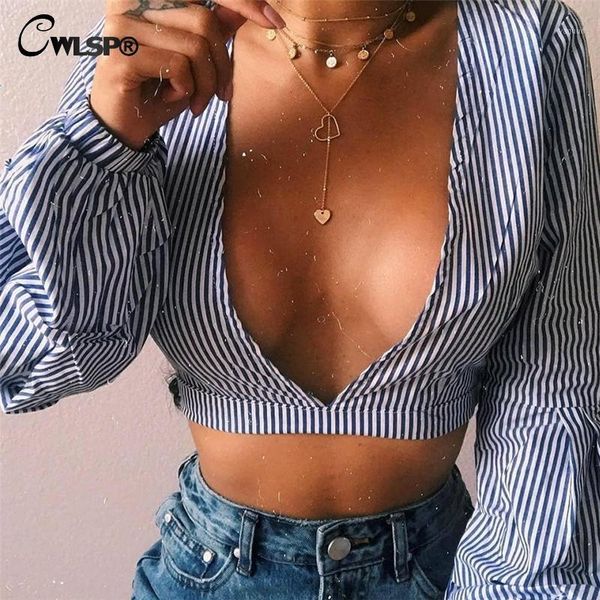 

cwlsp 2018 summer striped t-shirts for women deep v neck crop lantern sleeve short autumn female t-shirt clothes qa27371, White