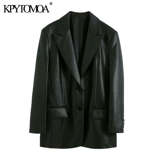 

kpytomoa women fashion faux leather loose blazers coat vintage long sleeve pockets back vents female outerwear chic 201023, White;black