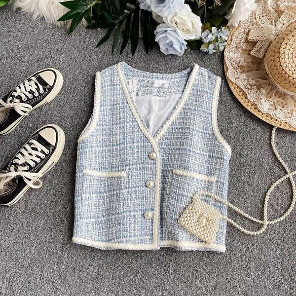 

women's vests women's waistcoat jacket outside riding summer blended tweed vest single-breasted v-neck pocket ladies1, Black;white