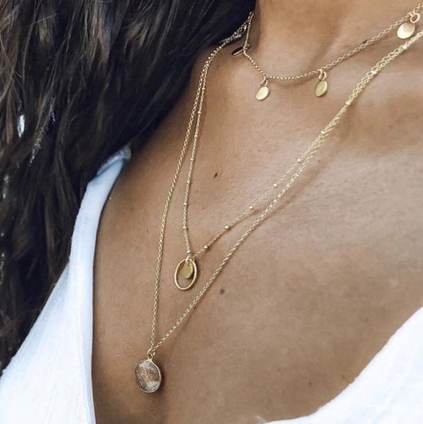 

brling new 2020 fashion ins vintage chain pendant choker crystal wafer necklace for women girls gifts party, Golden;silver