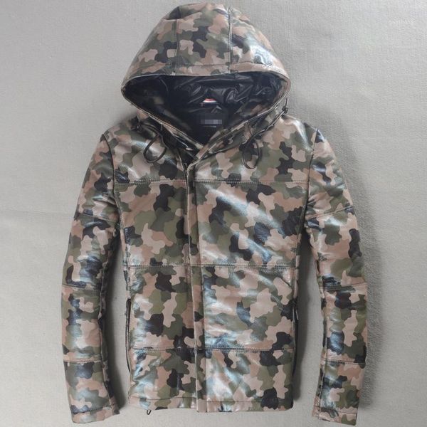 

genuine leather men's camouflage color hooded down jacket leisure oblique zipper short sheepskin winter coat1, Black