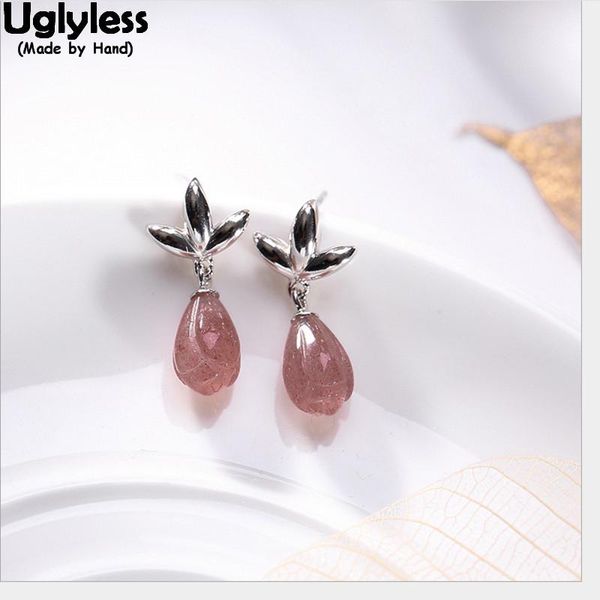 

uglyless pink strawberry quartz magnolia flower earrings for women 100% solid 925 silver fine jewelry triangle leaf earrings
