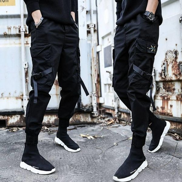 

men camo cargo pants hip hop ribbons mens streetwear casual pockets joggers pants male fashion sweatpants homme trousers, Black