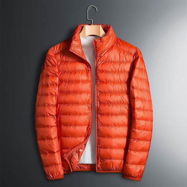 

an new 2021 casual thin men's solid color flocking short fashion urban collar down jacket, Black