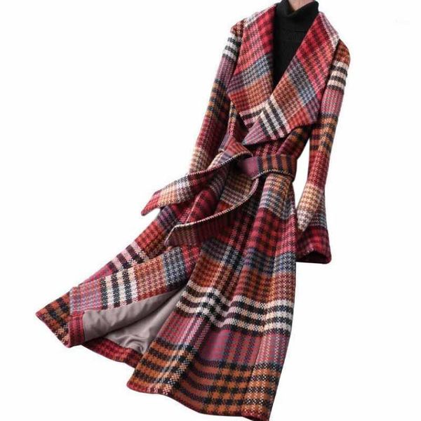 

plaid woolen cloth coat women autumn winter belt slim big turn-down collar design long jacket casual outwear kw3381, Black