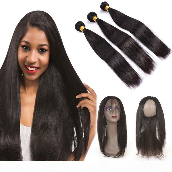 

8a brazilian virgin hair with closure extensions 2-3 bundles straight hair with 360 lace closure unprocessed remy human hair weave, Black;brown