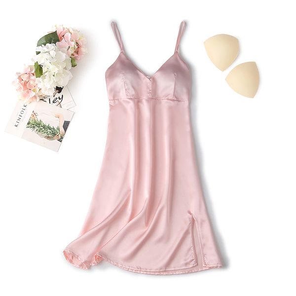 

Silky Nightgown Female Sleepwear Satin Spaghetti Strap Nightdress Sexy Sleep Dress Intimate Lingerie Solid Nightwear Home Clothe, Pink