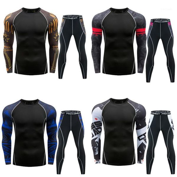 

running sets men sport compression t shirt pants suits jogging workout gym fitness training sports clothes leggings set1, Black;blue
