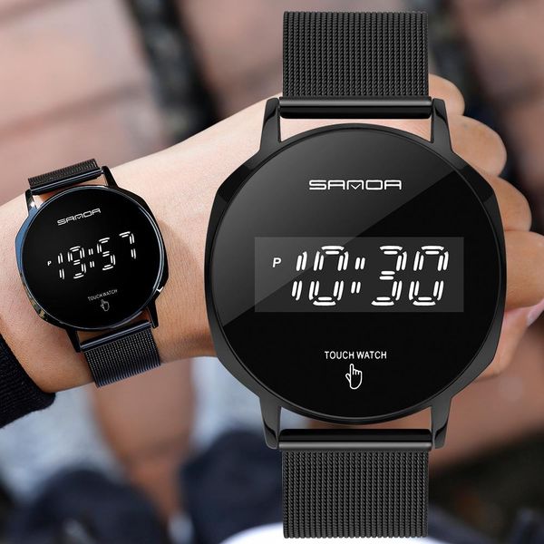 

sanda men led цифровые часы мужской сенсорный экран светодиодный дисплей спортивные наручные часы из нержавеющей сетки ремень водонепроницае, Silver