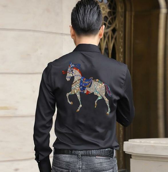 

2022 spring summer long sleeve male shirt rhinestones horse pattern designer apparels fit slim chinese size, White;black