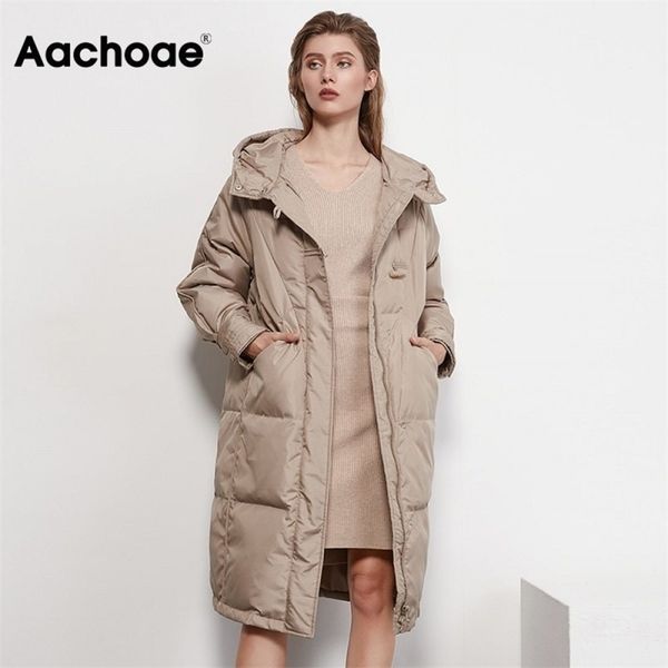 

aachoae autumn winter long white duck down coat women long sleeve loose casual hooded puffer jacket outerwear femme veste lj201127, Black