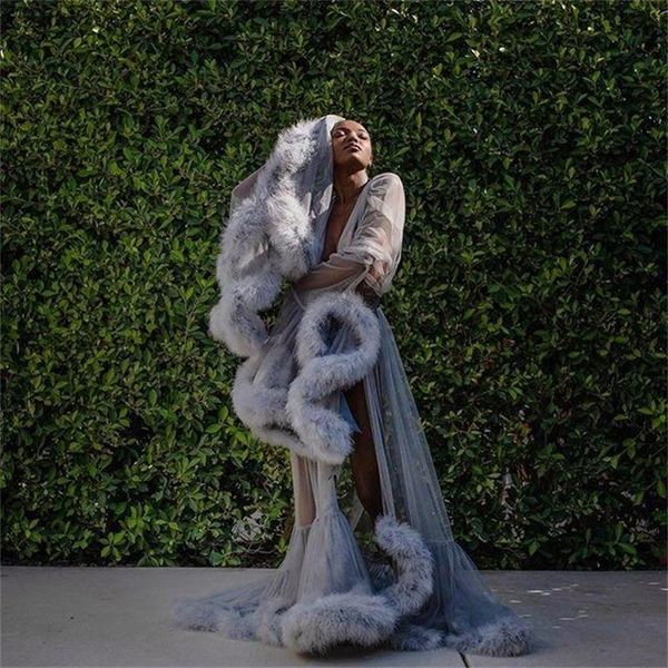 

2021 artificial fox fur night robe with long sleeves floor length party sleepwear bridal nightgown robes, White