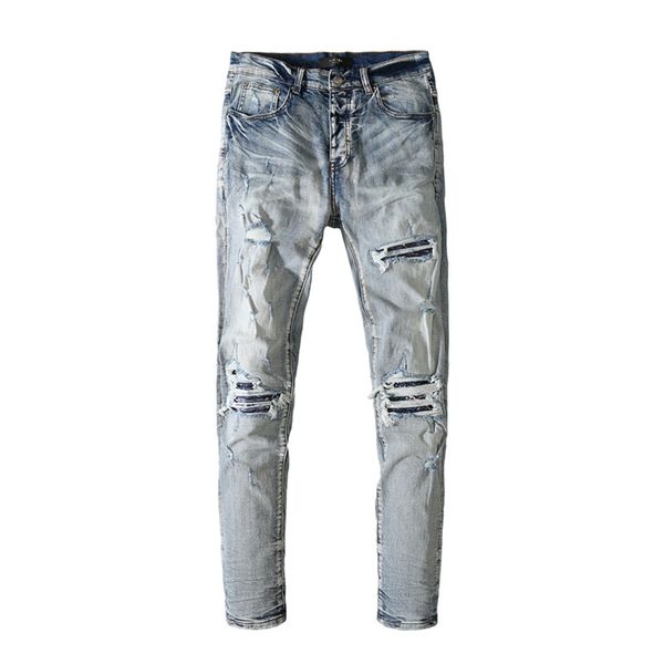 

new men jeans cool distressed ripped jeans fashion design straight motorcycle biker pencil pants causal denim trousers streetwear style, Blue