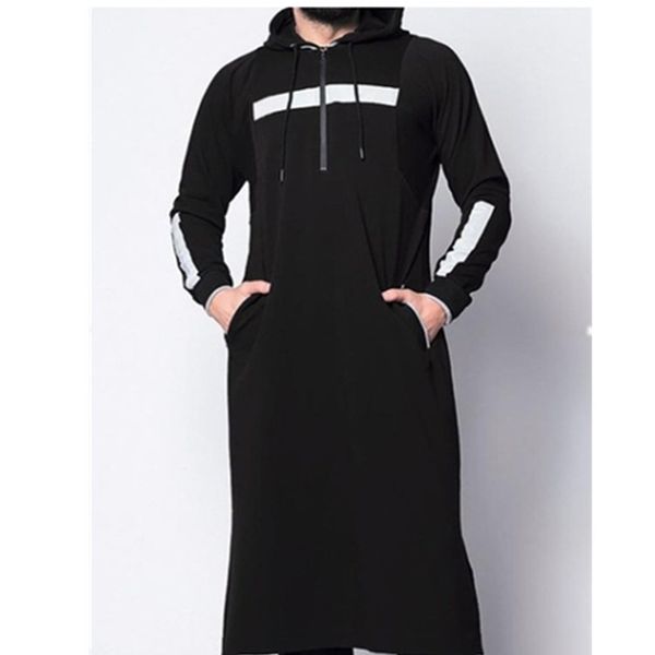 

2020 muslim robe arab men's splicing hooded long sweater, Black