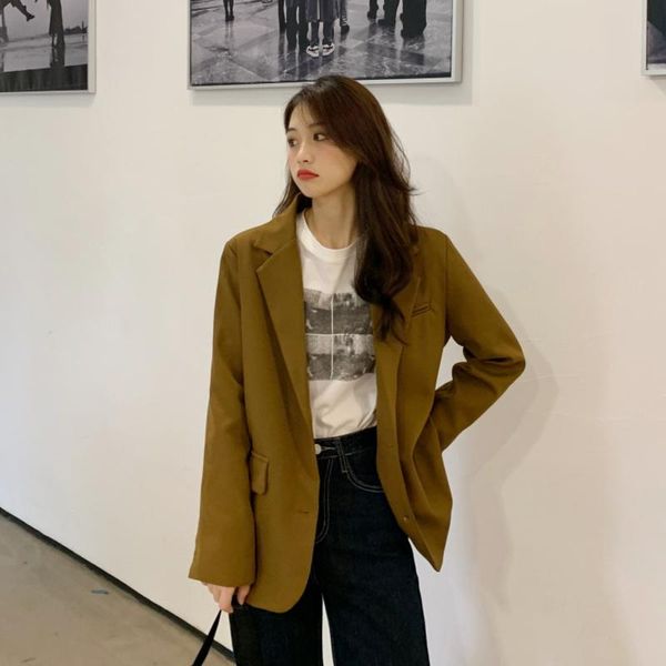

spring autumn women's jacket loose casual solid v-neck long sleeve button female black blazer, White;black