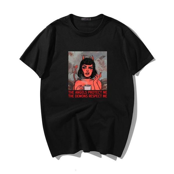 

старинные ангелы защищают меня демонам уважать меня забавная буква сатана футболка хараджуку мужской мультфильм топы хип-хоп футболка мужчин, White;black