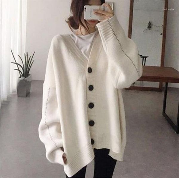

women's temperament cardigan sweater loose coat woman lazy solid color loose v lead long knitting sweater coat long sleeve1, White