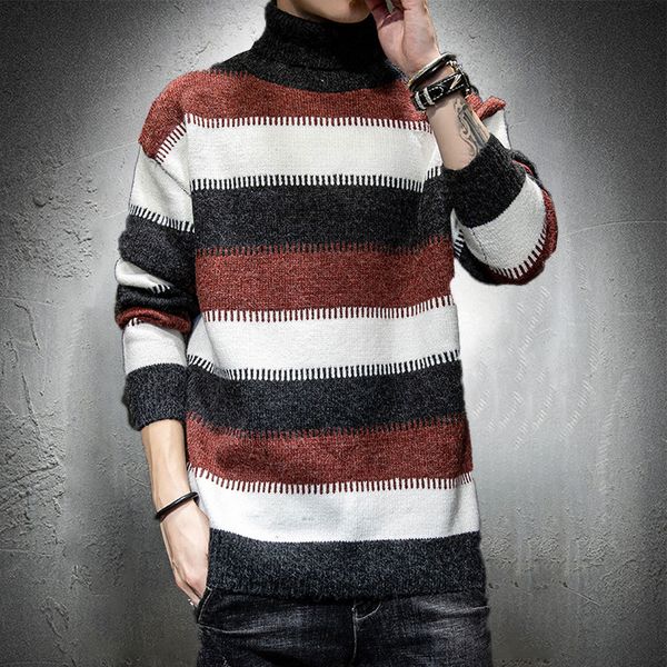 

male turtleneck vest casual striped street wear thin sweater top, White;black