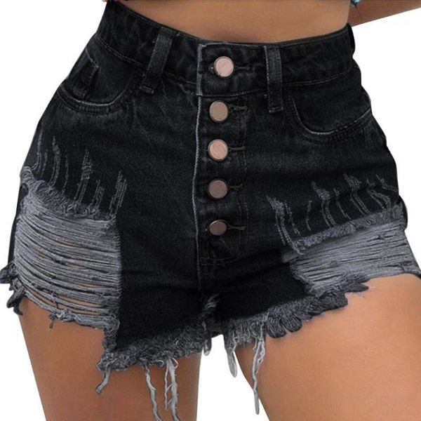 

fashion ripped repaired denim shorts button high waist denim shorts women breathable-wt1, White;black