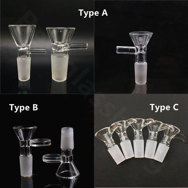 14mm Erkek Nargile Clear Pyrex Cam Kase Parçaları 3 Türler Tapı Yuvarlak Huni Ortak Filtre Sigara Tüpü Su Bong Yağı Dab Teçhizatları