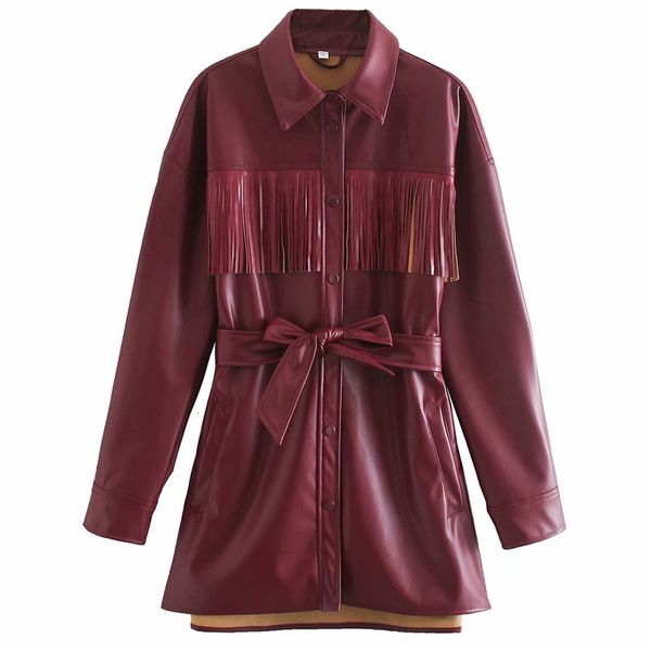 

2021 new autumn winter women faux leather jackets blet with tassel ladies coats turn down collar girls oversize casual outwear 5tqt, Black